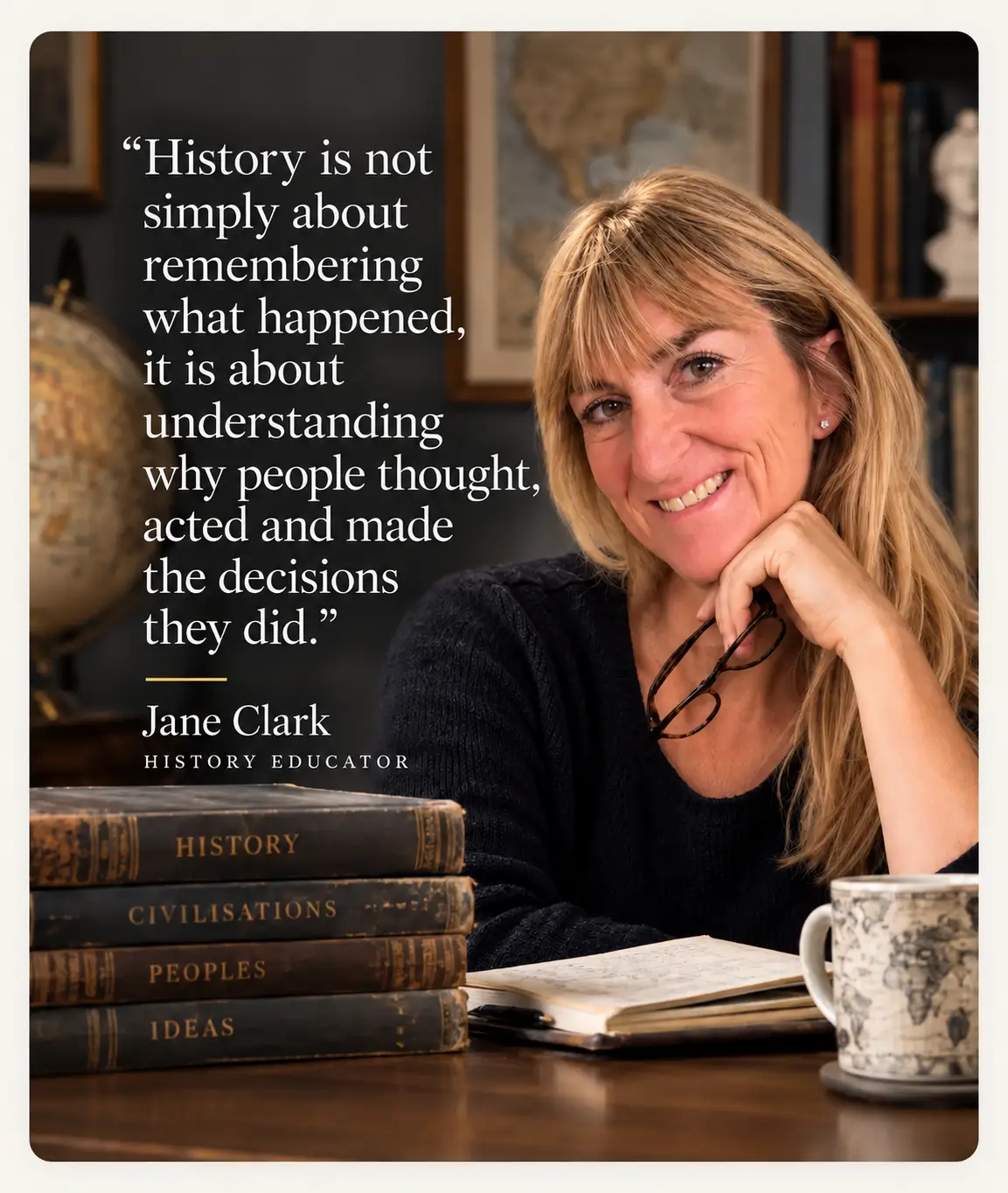 Jane Clark, History teacher and examiner. History is about understanding why people thought, acted and made decisions.